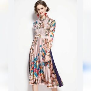 Dalia Macphee Terese Long Sleeve Pleated Midi Dress Size Small Pink